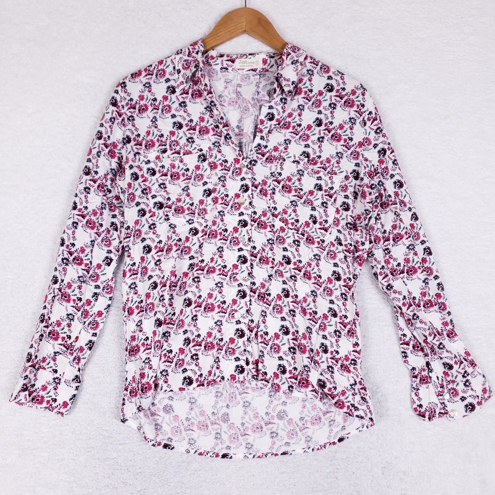 Just Living Floral Button Up Shirt Women Small Rayon Long Sleeve Pink Casual
